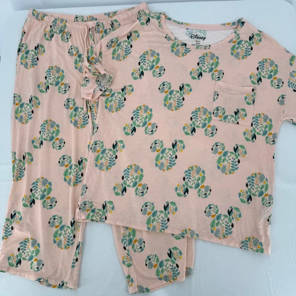 Disney Pajama Set Womens Small Pink Mickey Mouse Botanical Leaf Print PJ Lounge - Picture 2 of 8